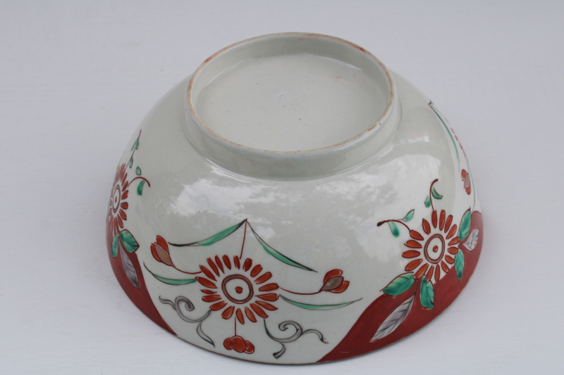 unmarked Asian porcelain bowl, hand painted flowers in red, green, grey Chinese or vintage Japan
