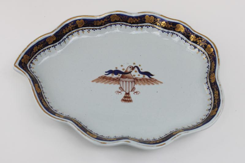 unmarked early Mottahedeh leaf shape dish, brown Diplomatic Eagle mid 20th century vintage 