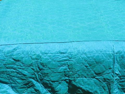 unused 60s vintage bedspread, peacock blue green color, quilted fabric