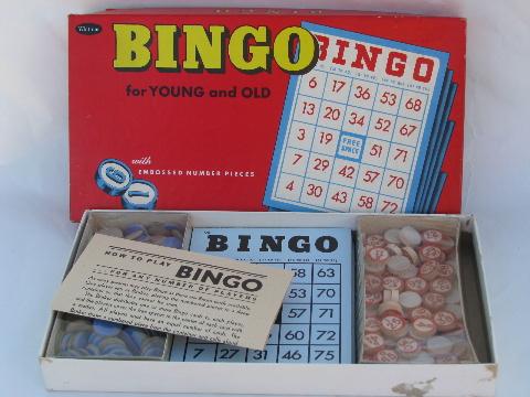 unused mid-century vintage Whitman box bingo game, wood number chips