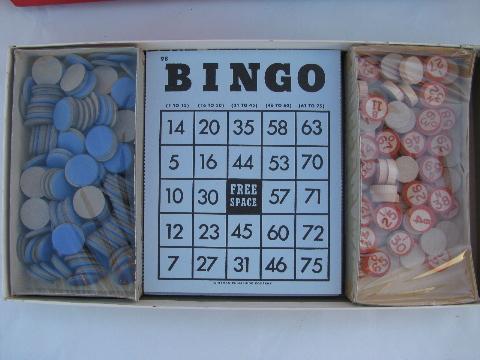 unused mid-century vintage Whitman box bingo game, wood number chips