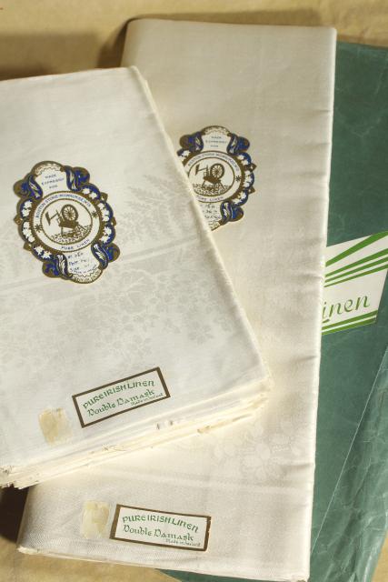 unused vintage Irish linen double damask table linens, banquet cloth & dinner napkins