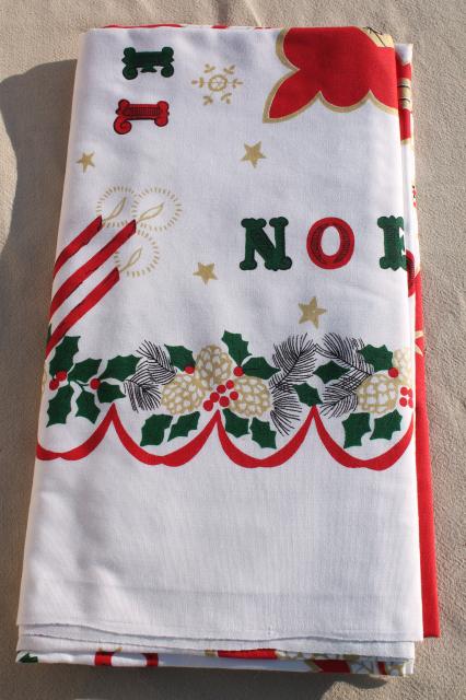unused vintage Noel Christmas print cotton / rayon tablecloth, banquet table size 
