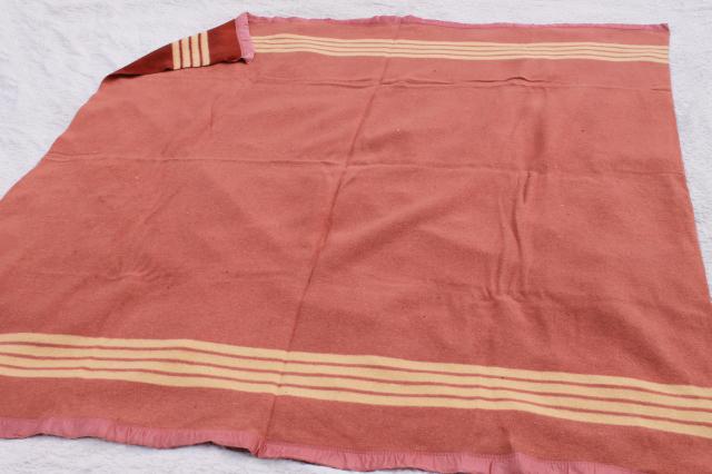 unused vintage cotton camp blanket, striped rust brown blanket for camping or bunk