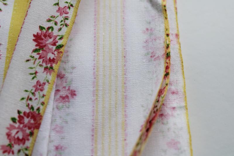 unused vintage cotton pillow ticking fabric yardage, pink & yellow flowered stripe