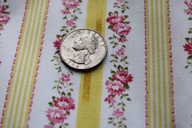 unused vintage cotton pillow ticking fabric yardage, pink & yellow flowered stripe