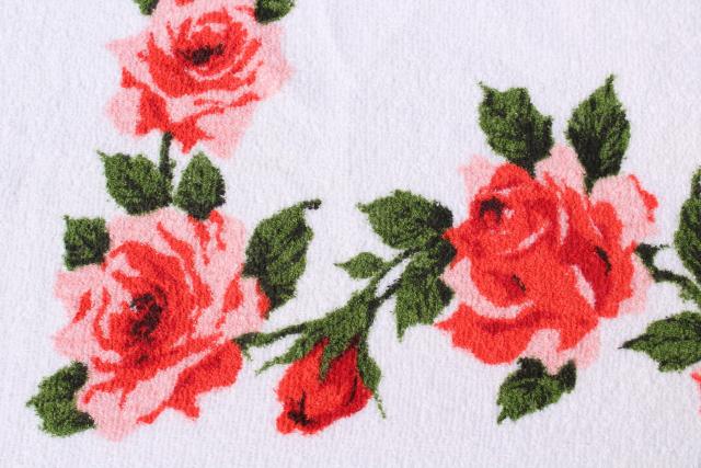 unused vintage cotton terry cloth picnic tablecloth or beach towel, red pink roses print fabric