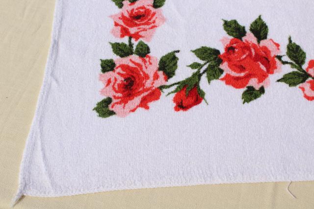 unused vintage cotton terry cloth picnic tablecloth or beach towel, red pink roses print fabric
