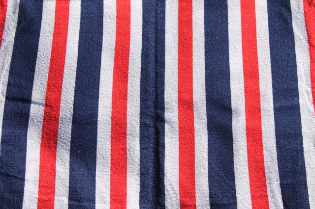 unused vintage cotton terrycloth beach blanket towel, retro red, white & blue stripes