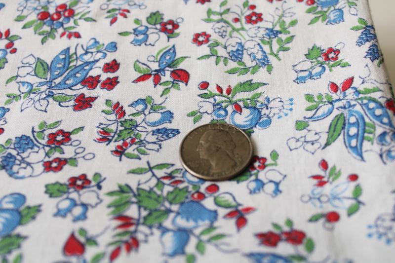 unused vintage feed sack fabric yardage, red & blue flowered print on white cotton