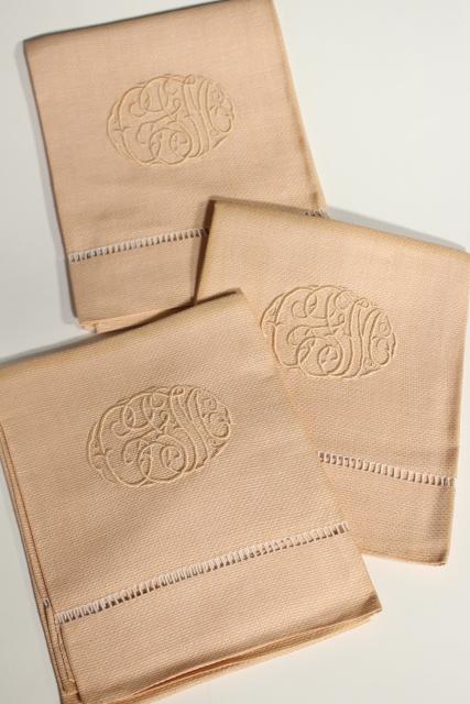 unused vintage hand towels w/ embroidered script, pastel cotton huck fabric guest towel full dozen