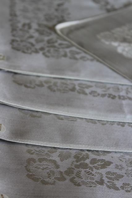 unused vintage linen damask dinner napkins in oyster grey, made in Belgium labels