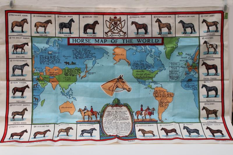 unused vintage linen tea towel, Horses of the World map print horse breeds & types