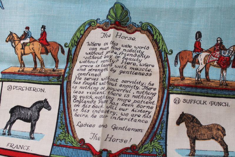 unused vintage linen tea towel, Horses of the World map print horse breeds & types