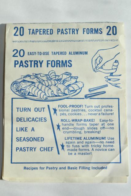 unused vintage metal tube forms for crullers pastries w/ recipes, pastry chef baking