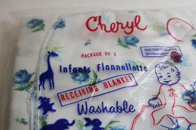 unused vintage package cotton flannel swaddle baby blankets, blue flowers print