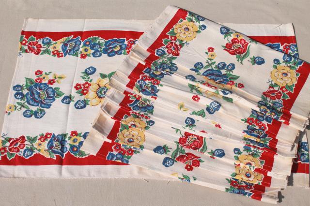 unused vintage print cotton kitchen towels, retro flowers Startex towel fabric