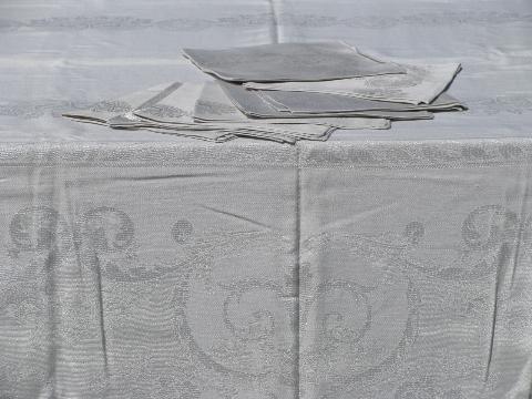 unused vintage silver damask table linens w/ labels, tablecloth & dinner napkins