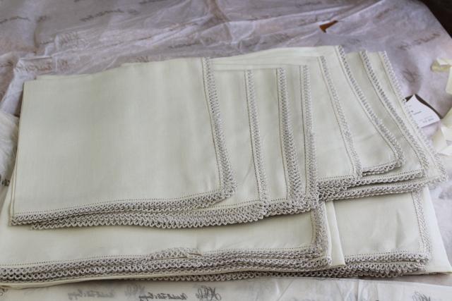 unused vintage tea table linens, fine handkerchief linen tablecloths & napkins w/ lace edging
