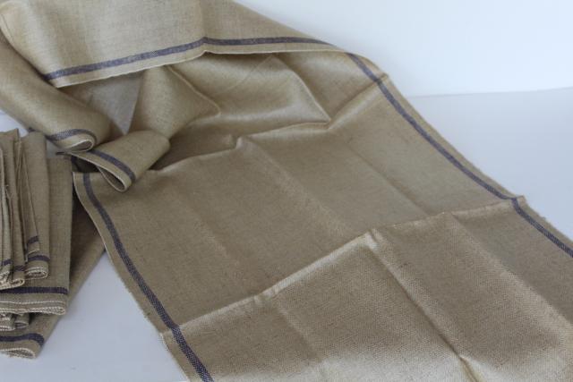 unused vintage unbleached flax brown linen or hemp towels, fabric w/ blue stripe