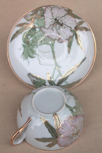 unusual flora & fauna china tea cup & saucer, vintage Japan porcelain hand-painted bird & insect