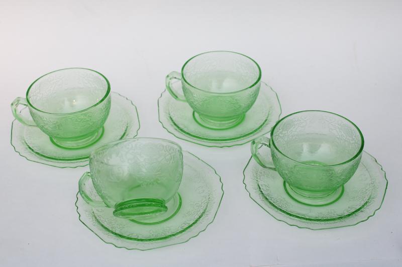 uranium glow green depression glass tea cups and saucers 1930s vintage Hazel Atlas glassware