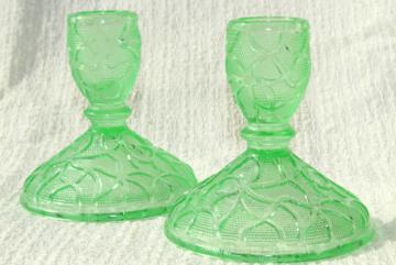 uranium green depression glass, art deco vintage Imperial crackle glass candlesticks