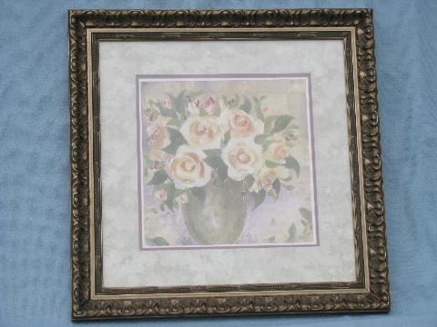 urns of roses pair vintage signed floral prints, florentine frames