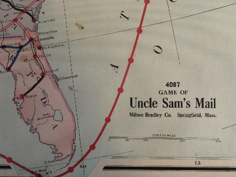 very old Milton Bradley game board, Uncle Sam's Mail US map art