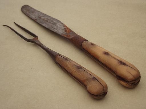 very old pre-civil war knife and fork, antique bone handled hand forged utensils