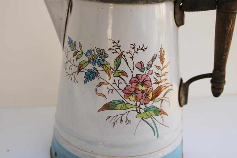 very shabby antique french enamel coffee pot w/ flowers, early 1900s vintage 