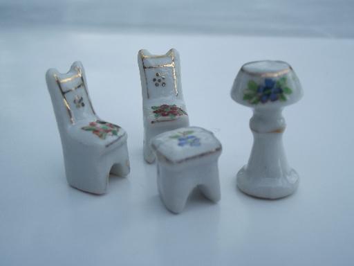very tiny vintage Japan painted china miniatures, chairs, table and lamp