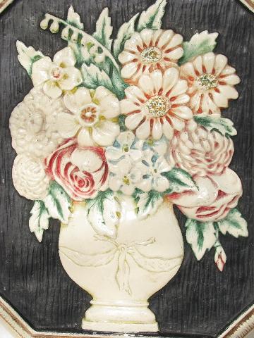 victorian flowers bouquet, painted chalkware picture plaque, early 1900s vintage