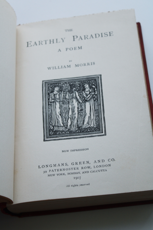 vintage 1907 William Morris The Earthly Paradise uncut pages antique book, red gold cover