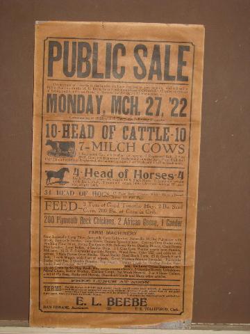 vintage 1922 auction sale bill, livestock & equipment from Wisconsin farm