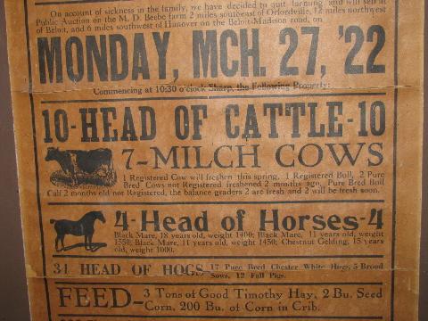 vintage 1922 auction sale bill, livestock & equipment from Wisconsin farm