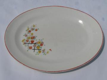 vintage 1930s kitchen china platter, red band, deco flower pots print