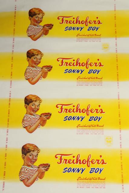 vintage 1940s advertising colorful graphics Sonny Boy Freihofers white bread wrapper poster size