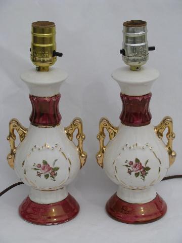vintage 1940s china boudoir lamps for nightstands or vanity, lovely florals