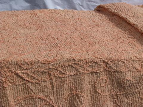 vintage 1940s cotton chenille bedspread, rosy peach-pink