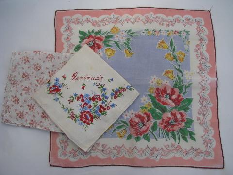 vintage 1940s floral hankies lot, flower print cotton handkerchiefs