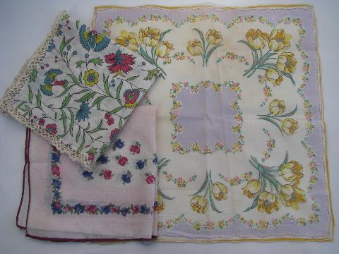vintage 1940s floral hankies lot, flower print cotton handkerchiefs