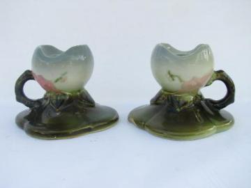vintage 1940s-50s Hull art pottery candlesticks, flower shape candle holders