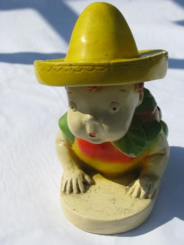 vintage 1942 chalkware carnival doll, crawling baby dressed as apple w/ sun hat!