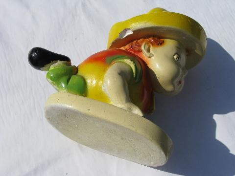 vintage 1942 chalkware carnival doll, crawling baby dressed as apple w/ sun hat!