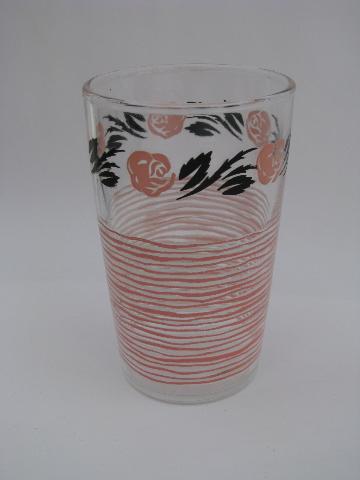 vintage 1950s kitchen glass juice glasses, retro roses, pink and black