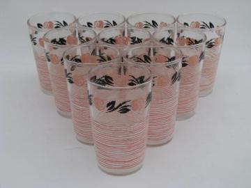 vintage 1950s kitchen glass juice glasses, retro roses, pink and black