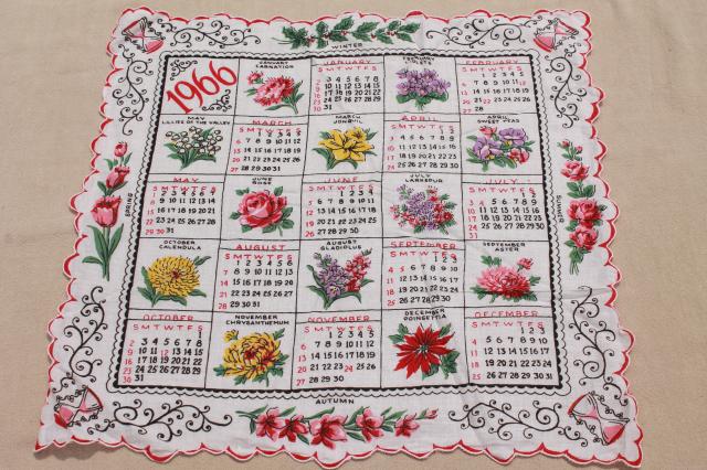 vintage 1966 calendar hanky, retro colorful print printed cotton handkerchief