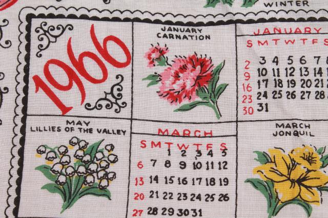 vintage 1966 calendar hanky, retro colorful print printed cotton handkerchief