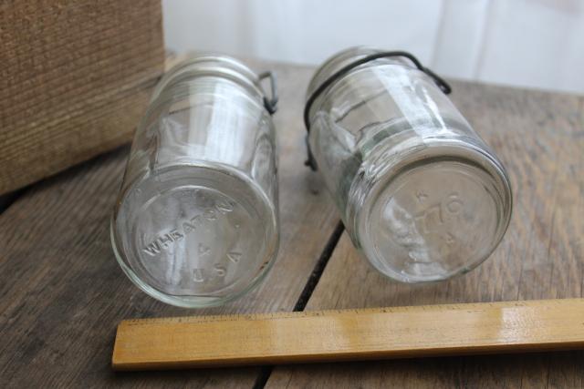 vintage 1970s Wheaton glass mason jar style bottles, large spice jars w/ wire bail lids